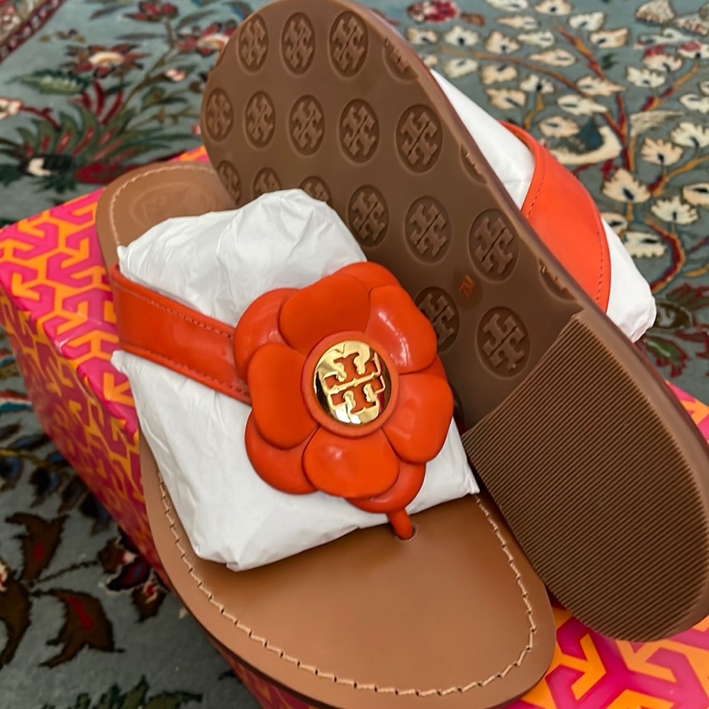 Brand New Orange Breely - Patent Calf/Veg leather Sandals Tory Burch